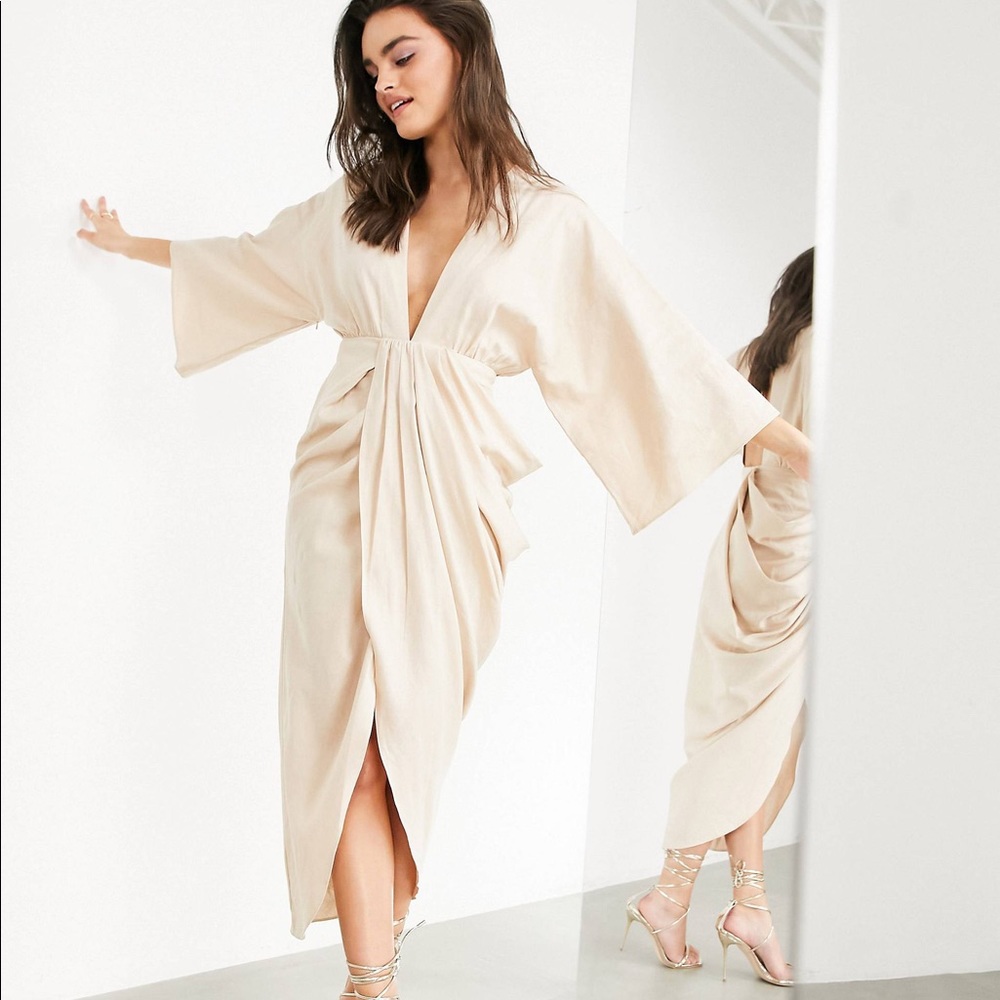 ASOS EDITION Plunge Linen Maxi Dress w Wrap Skirt